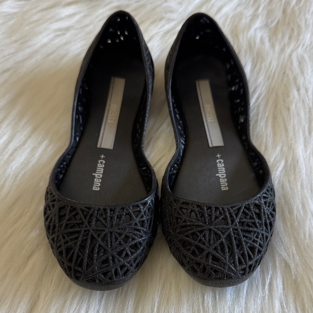 Mini Melissa Campana Zig Zag III Black Glitter Slip On Jelly Flats Girls Size 12
